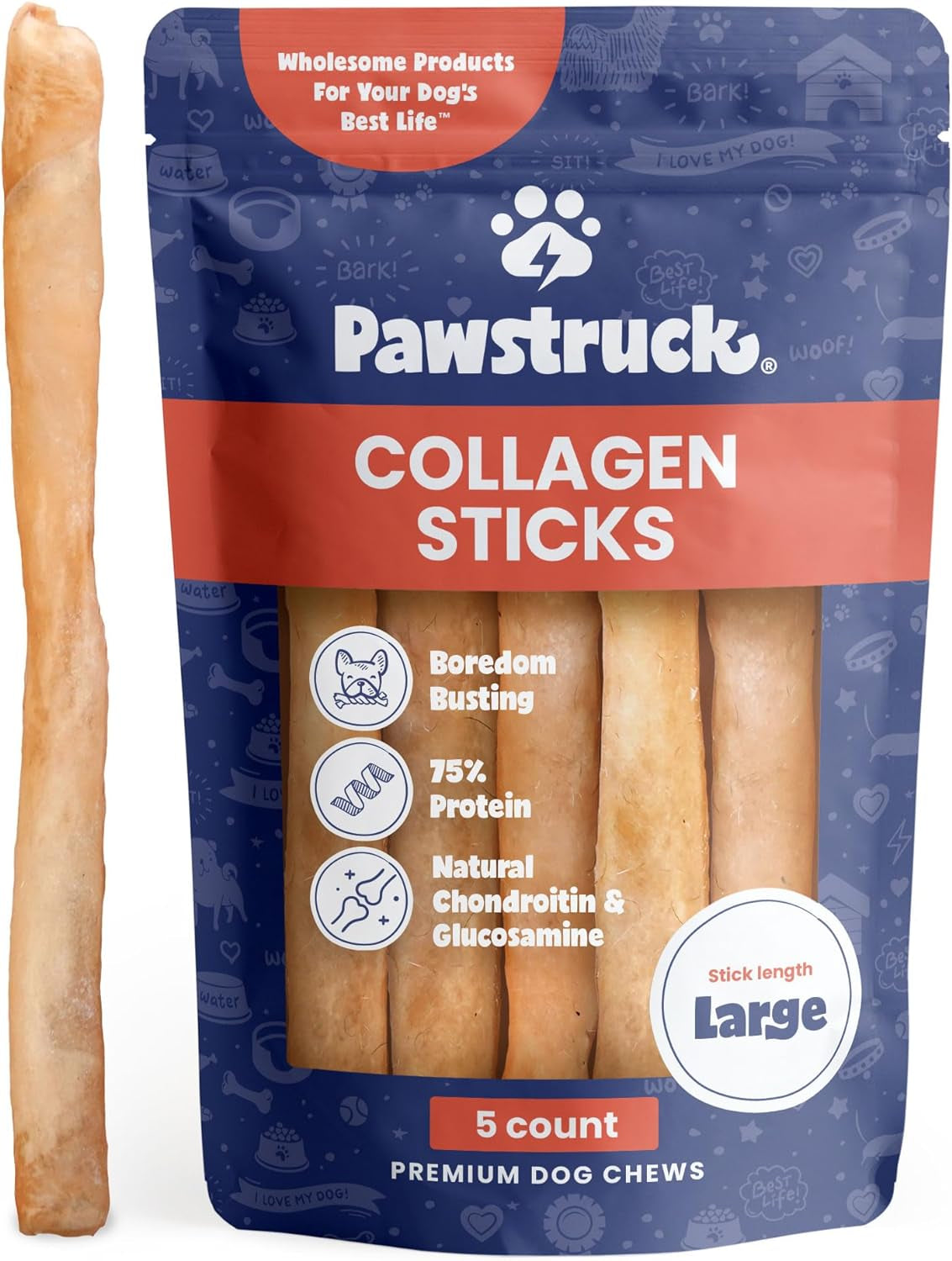 Natural Large 12" Beef Collagen Sticks for Dogs - Healthy Long Lasting Alternative to Traditional Rawhide - High Protein Treats W/Chondroitin & Glucosamine - 5 Count - Packaging May Vary