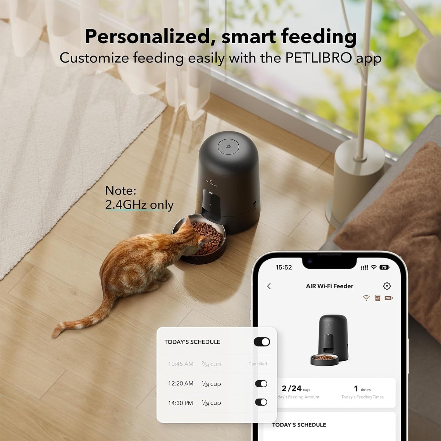 Automatic Cat Feeder, Wi-Fi Rechargeable Cat Food Dispenser Battery-Operated with 30-Day Life, AIR 2.4G Wi-Fi Timed Pet Feeder for Cat & Dog, 2L Auto Cat Feeder, Black
