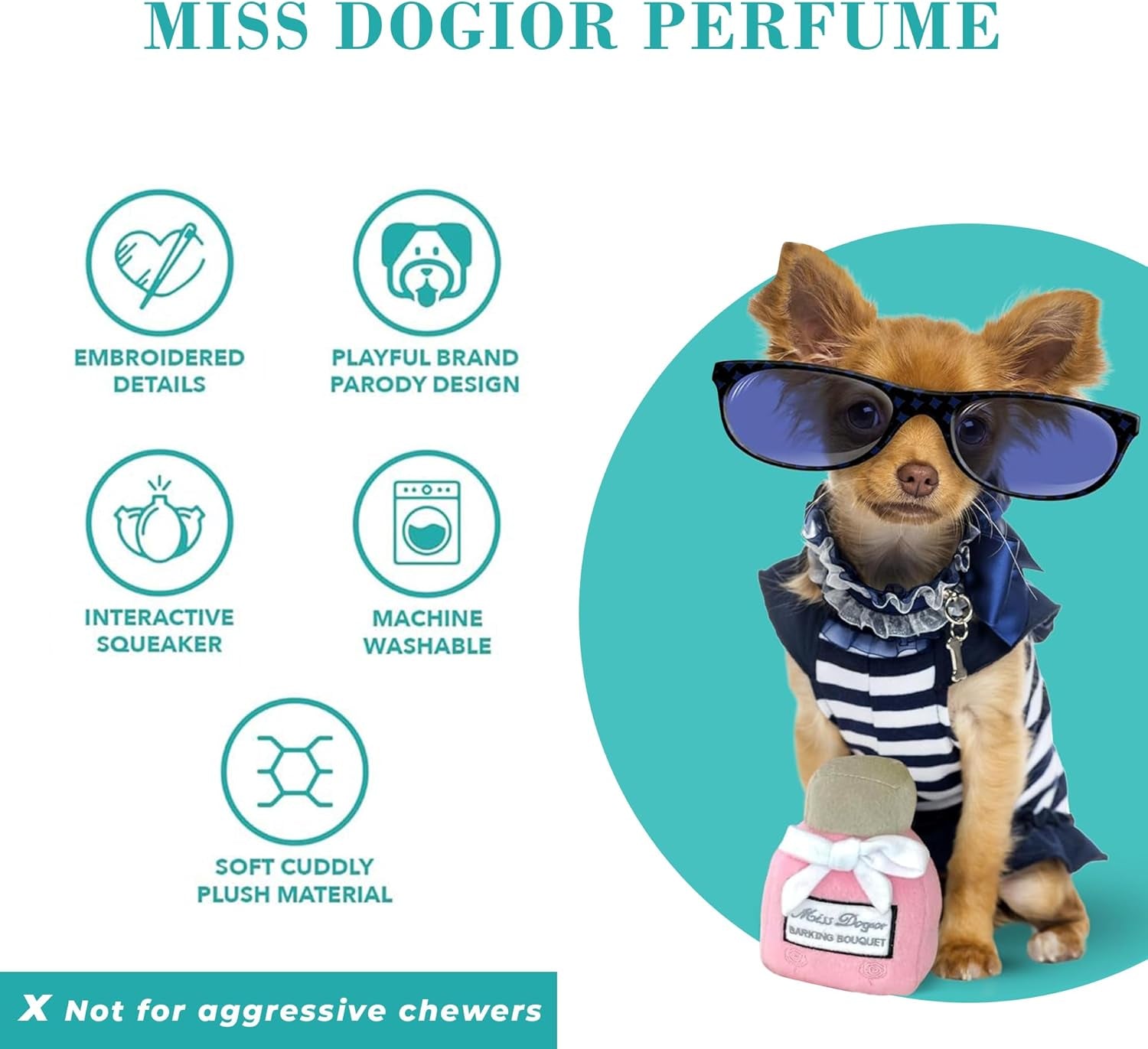 Miss Dogior Perfume, Plush Designer Dog Toys with Interactive Squeaker, Stimulating Pet Enrichment, Machine-Washable & Safe Materials for All Breeds, One Size
