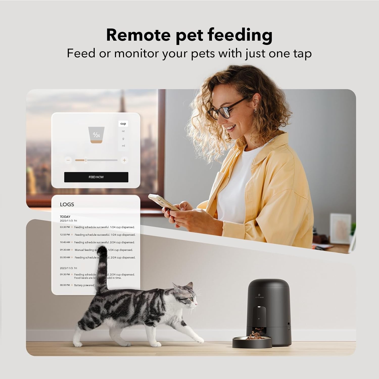Automatic Cat Feeder, Wi-Fi Rechargeable Cat Food Dispenser Battery-Operated with 30-Day Life, AIR 2.4G Wi-Fi Timed Pet Feeder for Cat & Dog, 2L Auto Cat Feeder, Black