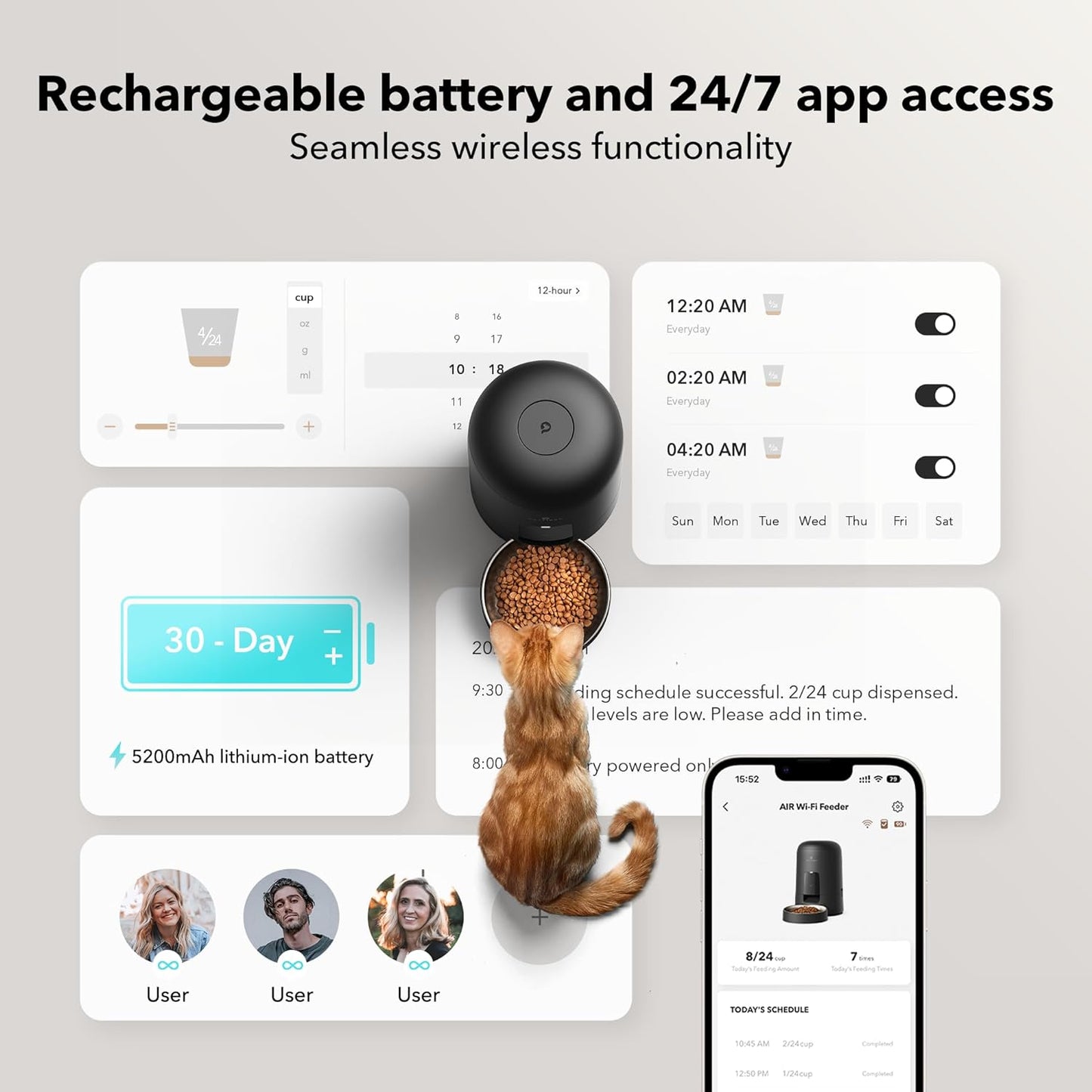 Automatic Cat Feeder, Wi-Fi Rechargeable Cat Food Dispenser Battery-Operated with 30-Day Life, AIR 2.4G Wi-Fi Timed Pet Feeder for Cat & Dog, 2L Auto Cat Feeder, Black