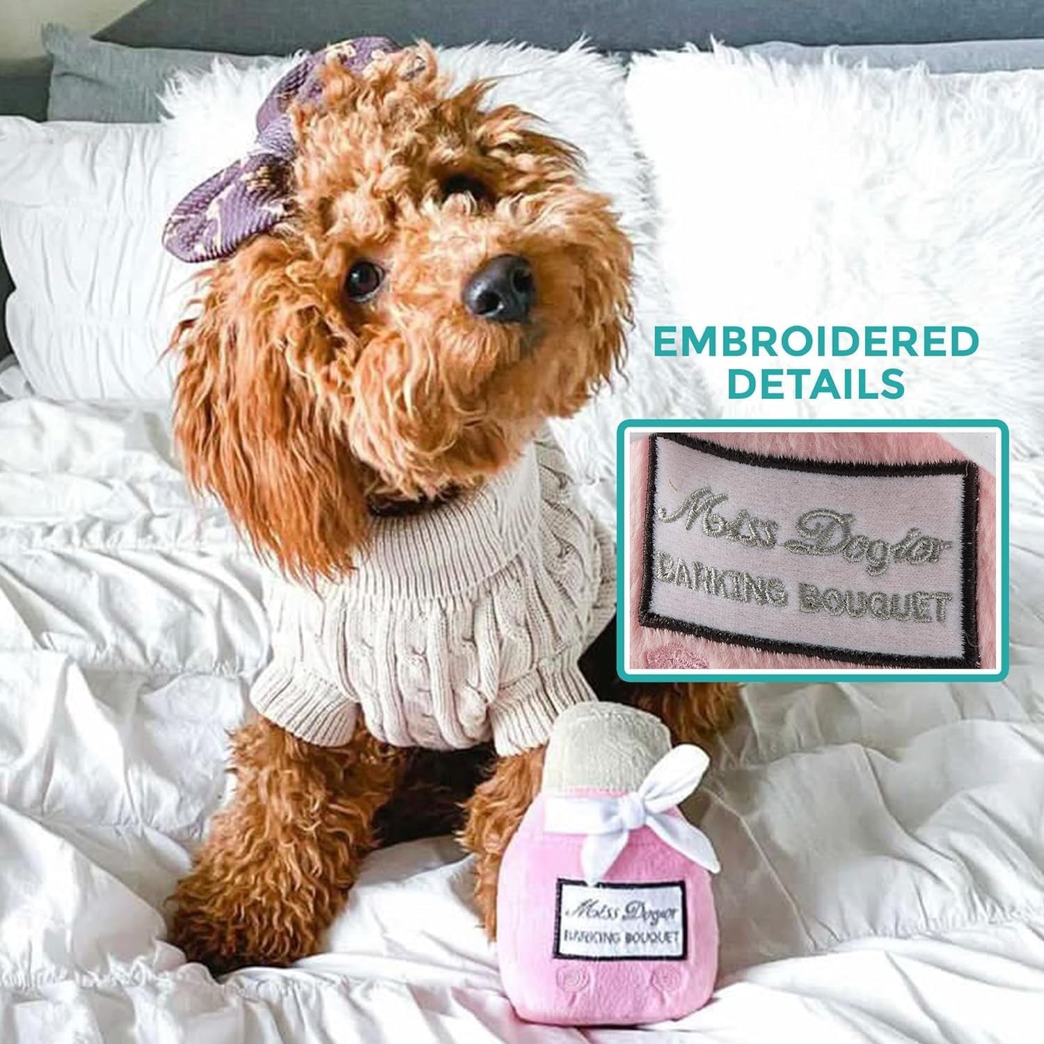 Miss Dogior Perfume, Plush Designer Dog Toys with Interactive Squeaker, Stimulating Pet Enrichment, Machine-Washable & Safe Materials for All Breeds, One Size