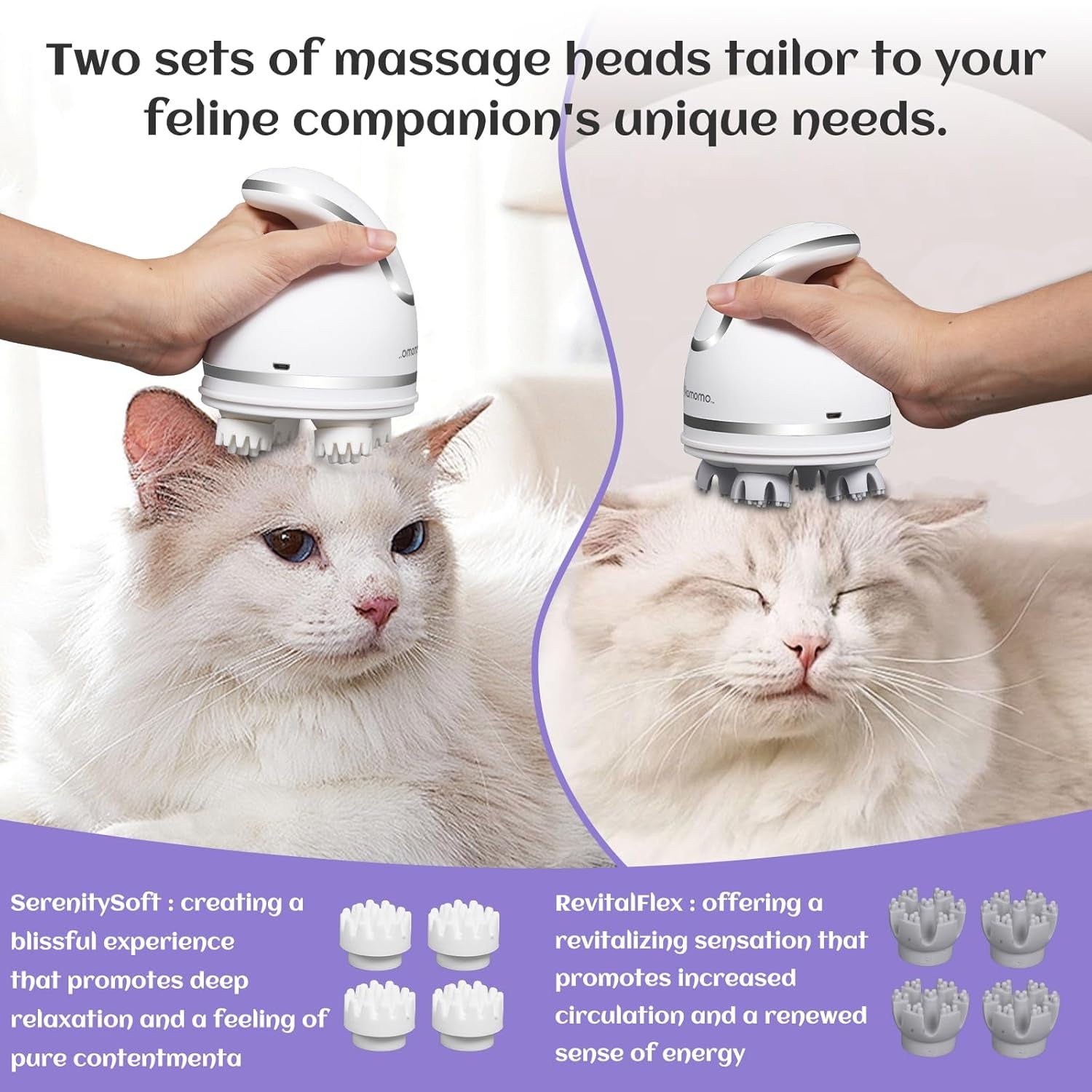 Cat Head Massager Battery Operated - 2 Different Sets of Massage Heads, 3 Modes, Relieve Tight Stiffness Muscles, Promote Bonding, Comfortable Grip, White Matte Finish, Ideal Gift