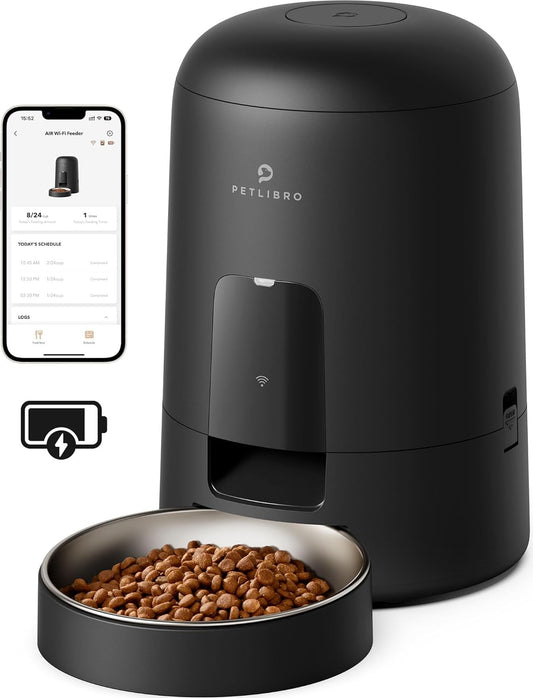 Automatic Cat Feeder, Wi-Fi Rechargeable Cat Food Dispenser Battery-Operated with 30-Day Life, AIR 2.4G Wi-Fi Timed Pet Feeder for Cat & Dog, 2L Auto Cat Feeder, Black